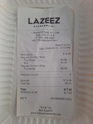 Photo of Lazeez Shawarma - 1 Rossland Rd W #14B, Ajax, ON L1Z 1Z2