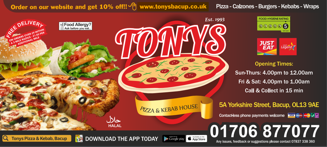 Photo of Tony's Pizza & Kebab House - 5 Yorkshire St, Bacup OL13 9AE