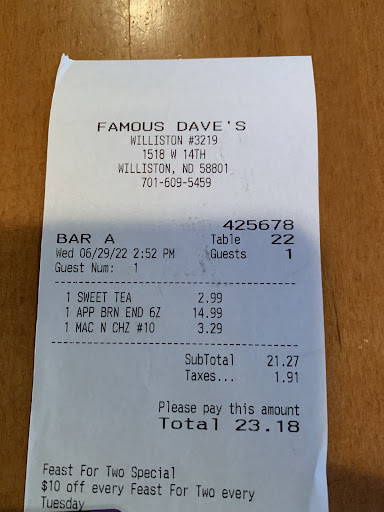 Photo of Famous Dave's Bar-B-Que - 1518 14th St W, Williston, ND 58801