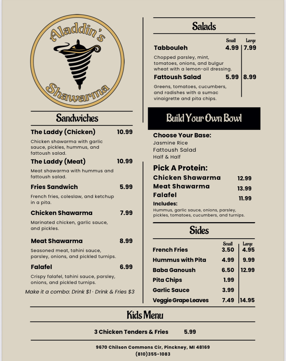 Photo of Aladdin’s Shawarma - 9670 Chilson Commons Cir, Pinckney, MI 48169